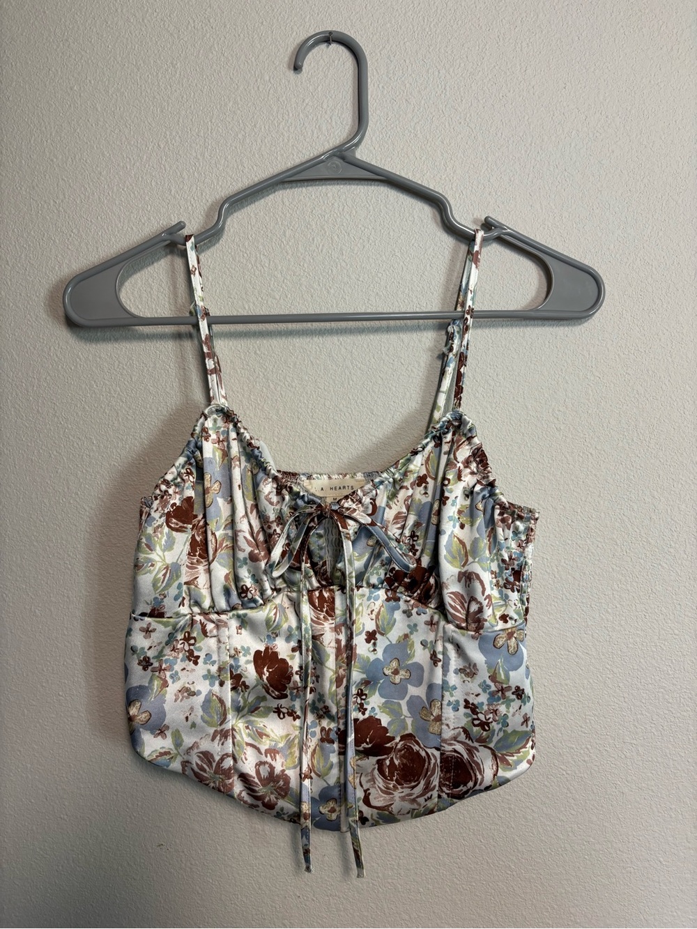 La Hearts Floral Satin Cami in Light Blue and Brown